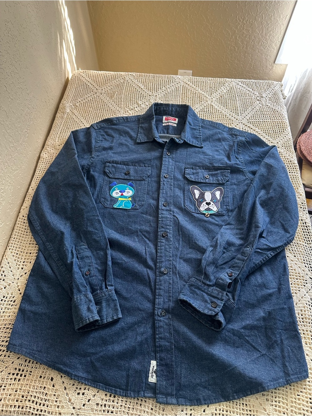 Wrangler Blue Denim Shirt Jacket with Embroidered Patches customized